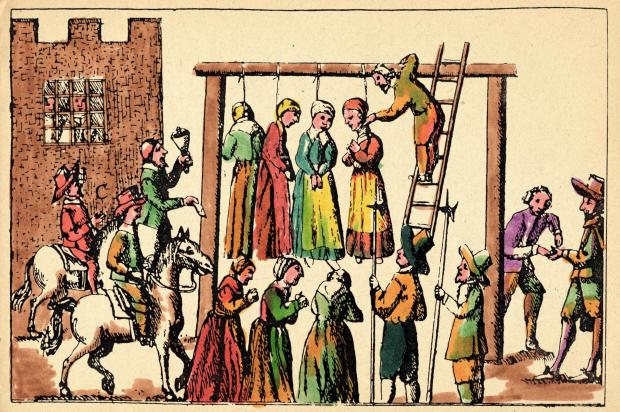 Glasgow Times: Execution by hanging of four women accused of being witches. Coloured engraving from 'Law and Custom of Scotland in Matters Criminal', by Sir George Mackenzie. Scotland, Edinburgh 1678. (Photo by Fototeca Gilardi/Getty Images)